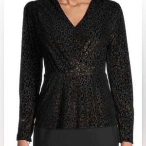 Elie Tahari Black Leopard Print Peplum V-Neck‎ Top Size 10